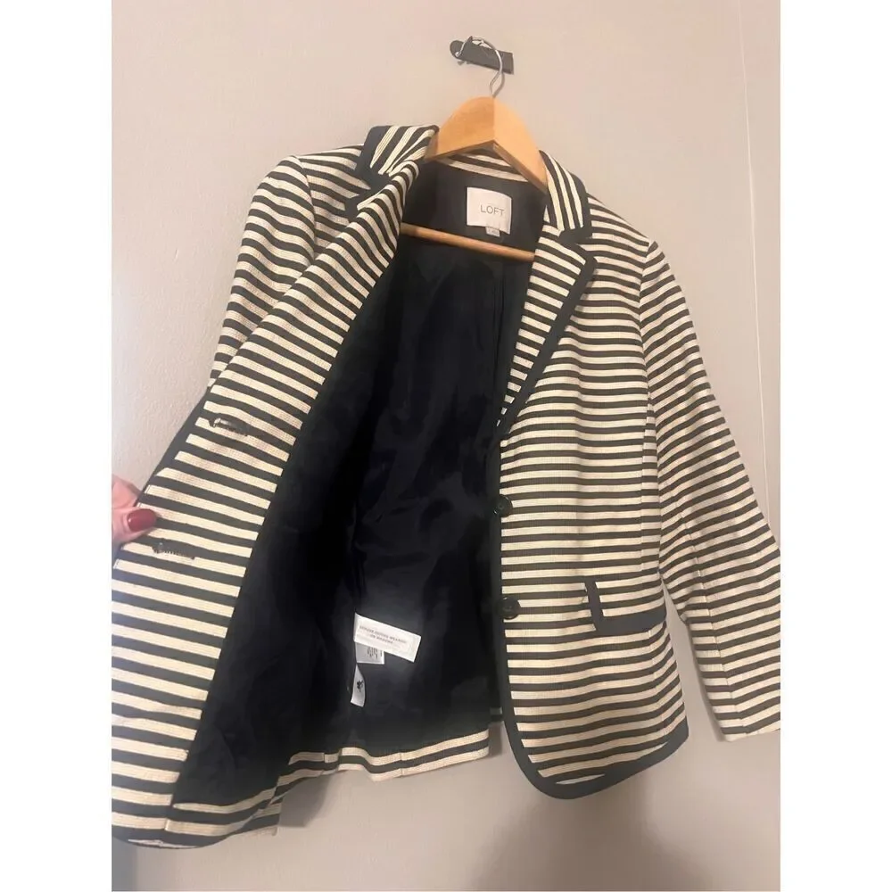 Loft Size 4 Double Button Stripe Corded Blazer Jacket Navy Cream Nautical Preppy